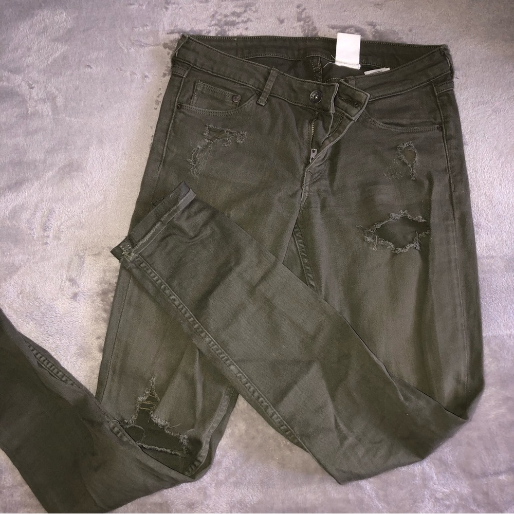 H&M denim green olive skinny/ripped jeans/ pants